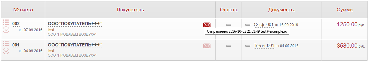 Список счетов с флагом отправки по e-mail в сервисе Выставить-счет.рф