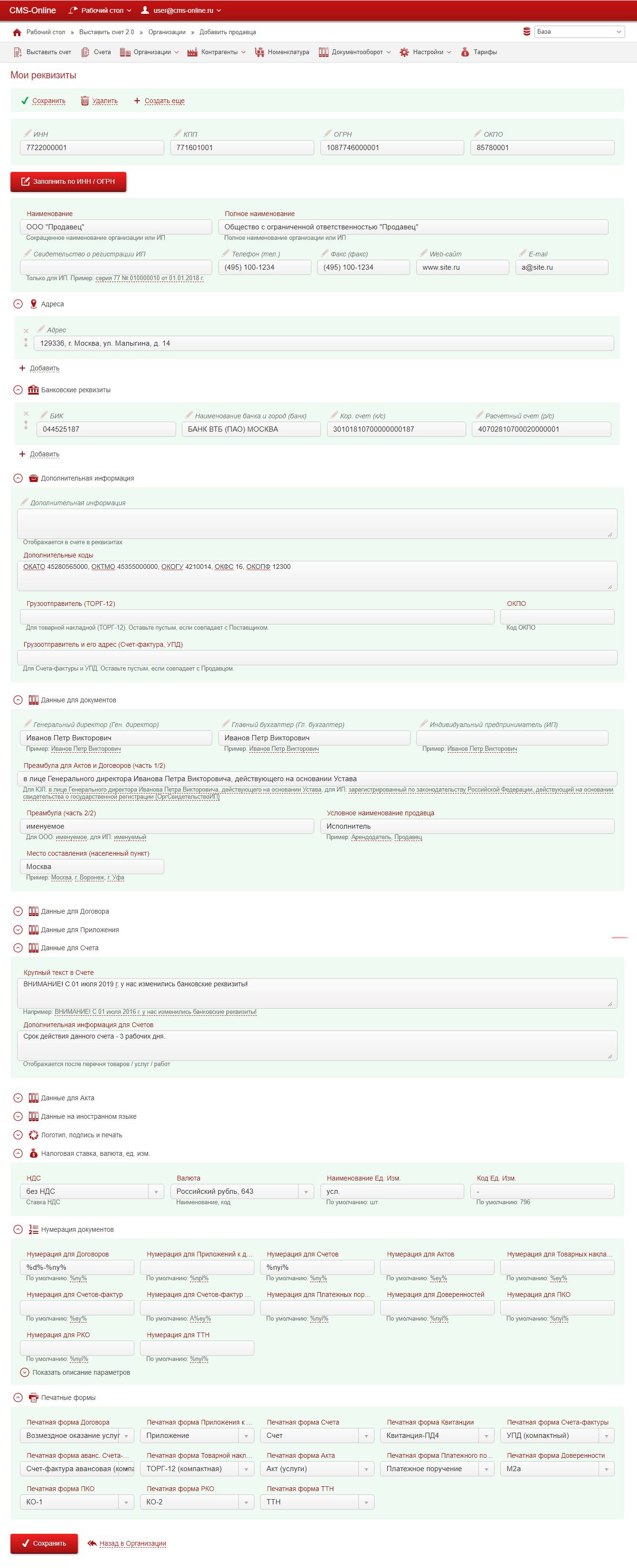 Пример организации в сервисе Выставить-счет.рф